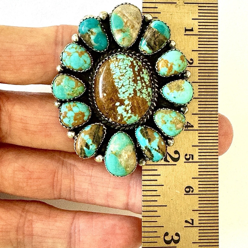 HUGE Navajo Cluster Ring Sz 7 Turquoise #8 Mine Sterling Signed Spencer Native‎ - Picture 3 of 9